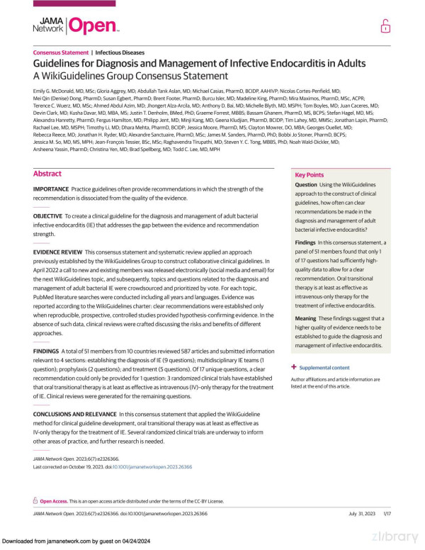 Guidelines For Diagnosis And Management Of Infective Endocarditis In Adults Emily G Mcdonald