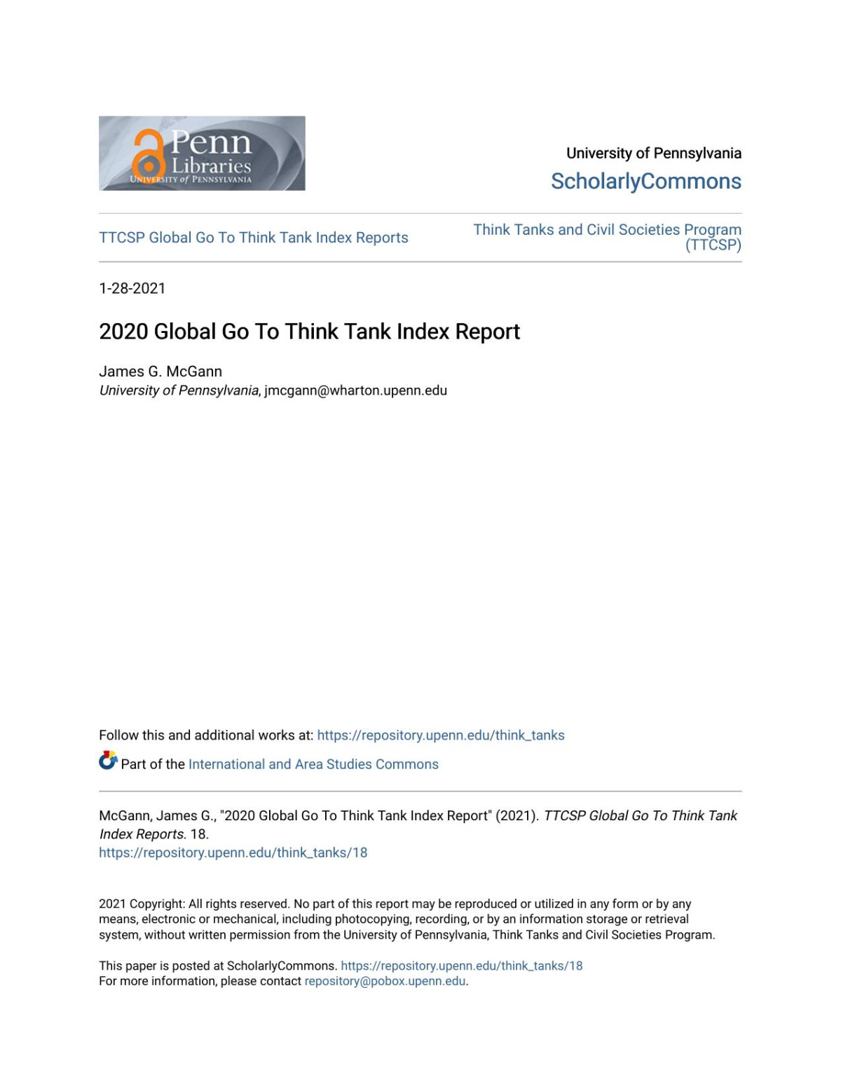 2020 Global Go To Think Tank Index Report 15th Edition James G Mcgann