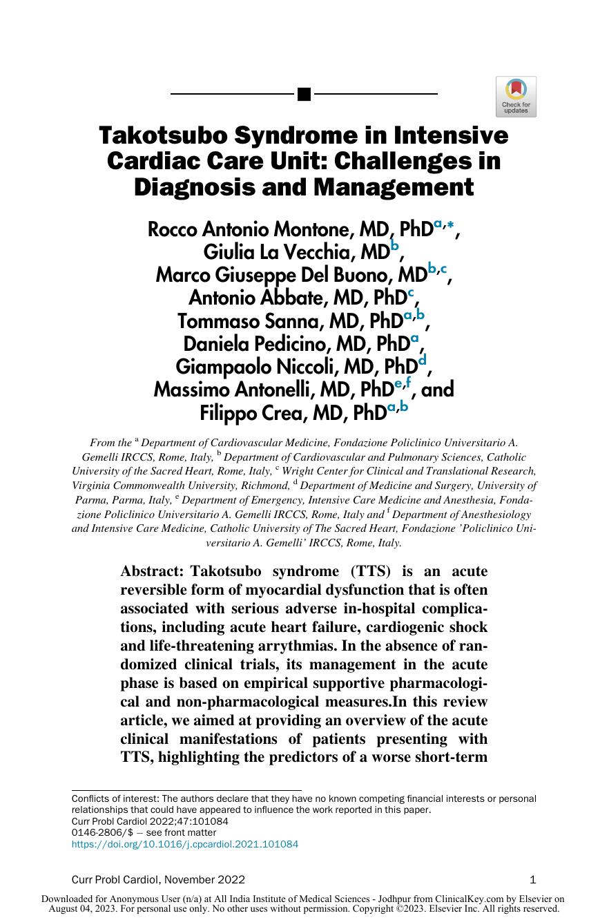 Takotsubo Syndrome In Intensive Cardiac Care Unit Challenges In Diagnosis And Management Rocco Antonio Montone Md