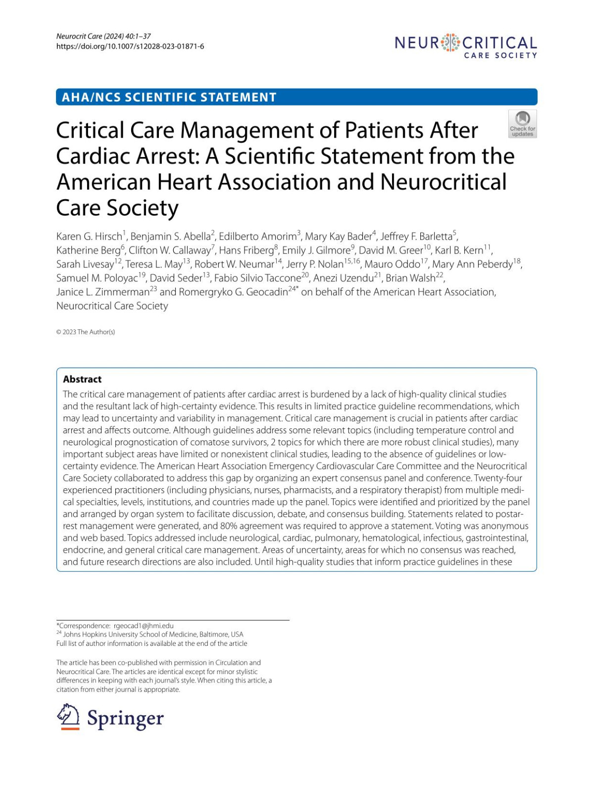 Critical Care Management Of Patients After Cardiac Arrest A Scientific Statement From The American Heart Association And Neurocritical Care Society Springer