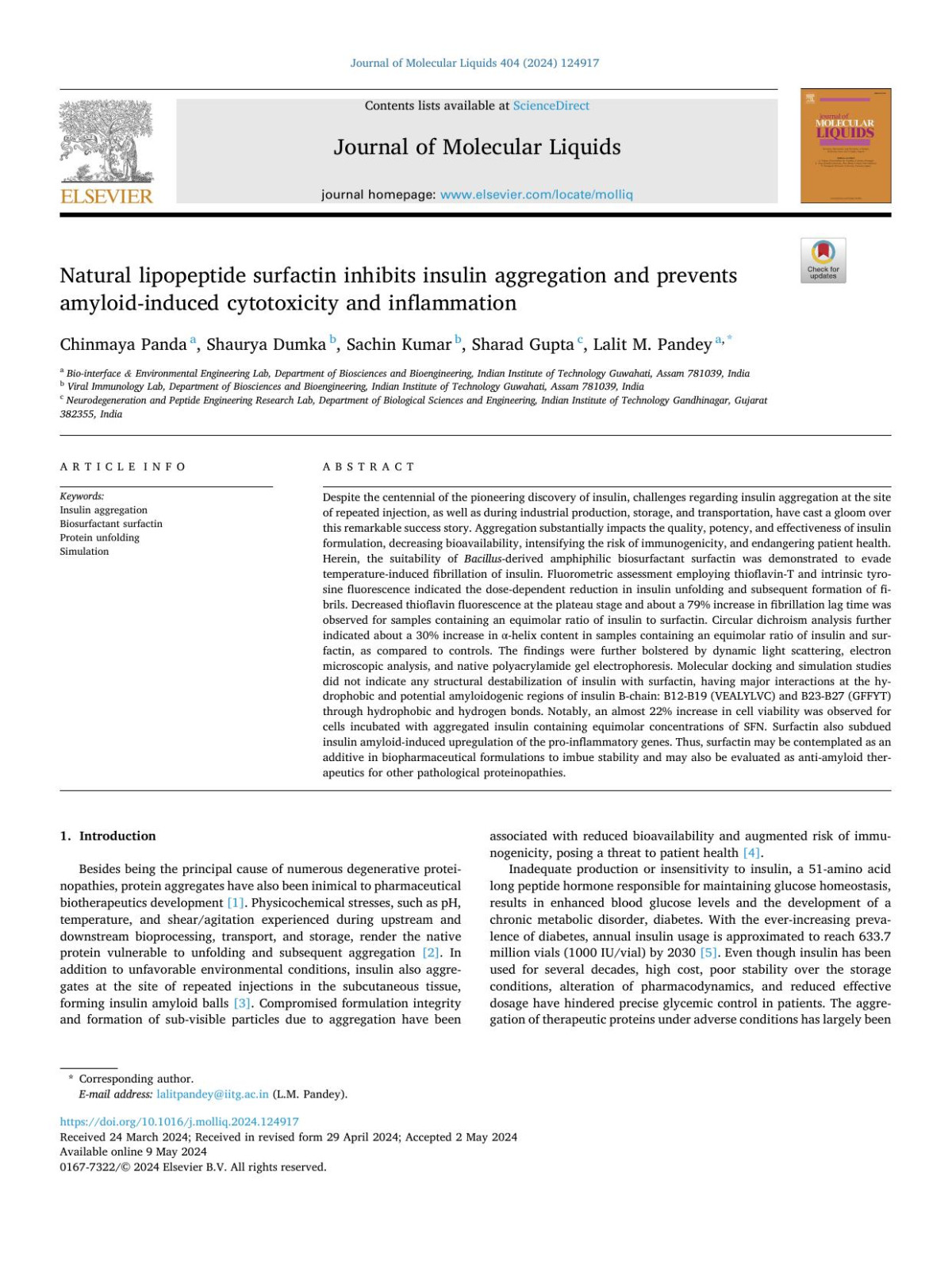 Natural Lipopeptide Surfactin Inhibits Insulin Aggregation And Prevents Amyloidinduced Cytotoxicity And Inflammation June 24 Chinmaya Panda Shaurya Dumka Sachin Kumar Sharad Gupta Lalit M Pandey
