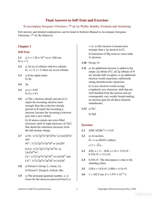 Inorganic Chemistry 7th Ed Answers To Self Tests And Exercises 7th Edition Mark Weller