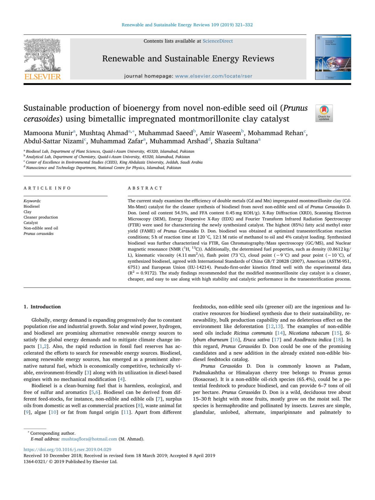 Sustainable Production Of Bioenergy From Novel Nonedible Seed Oil Prunus Cerasoides Using Bimetallic Impregnated Montmorillonite Clay Catalyst Mamoona Munir Mushtaq Ahmad Muhammad Saeed Amir Waseem Mohammad Rehan Abdulsattar Nizami Muhammad Zafar Muhammad Arshad Shazia Sultana