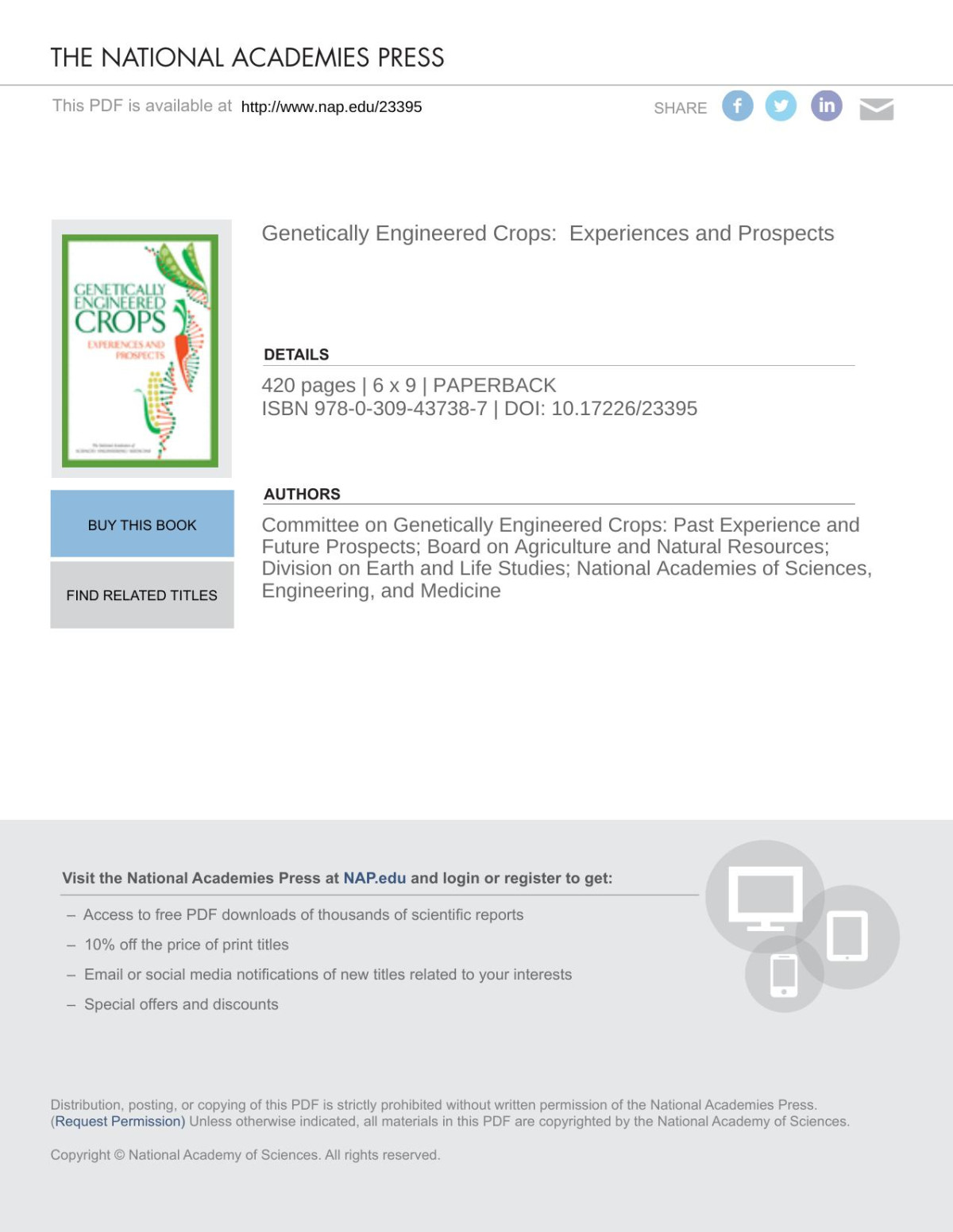 Genetically Engineered Crops Experiences And Prospects Board On Agriculture Natural Resources Committee On Genetically Engineered Crops Past Experience Future Prospects Board On Agriculture Natural Resources Division On Earth Life Studies National Academies Of Sciences