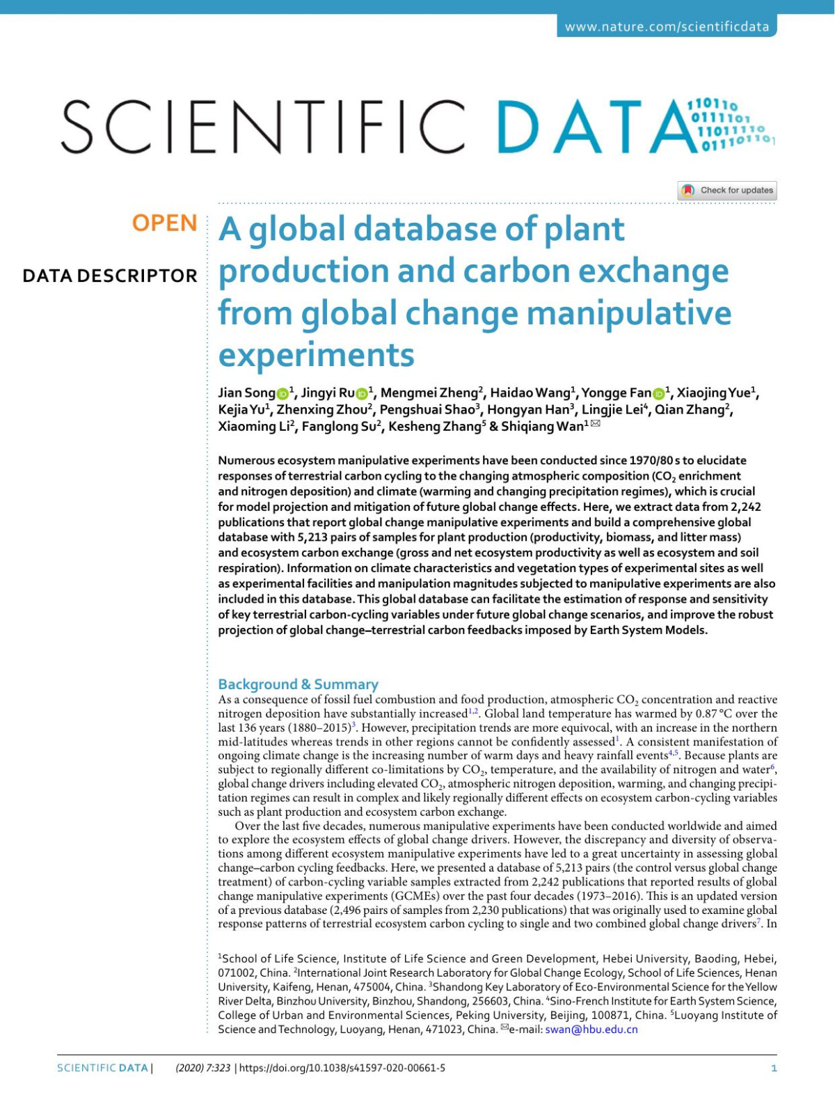Global Database Of Plant Production And Carbon Exchange From Global Change Manipulative Experiments Jian Song