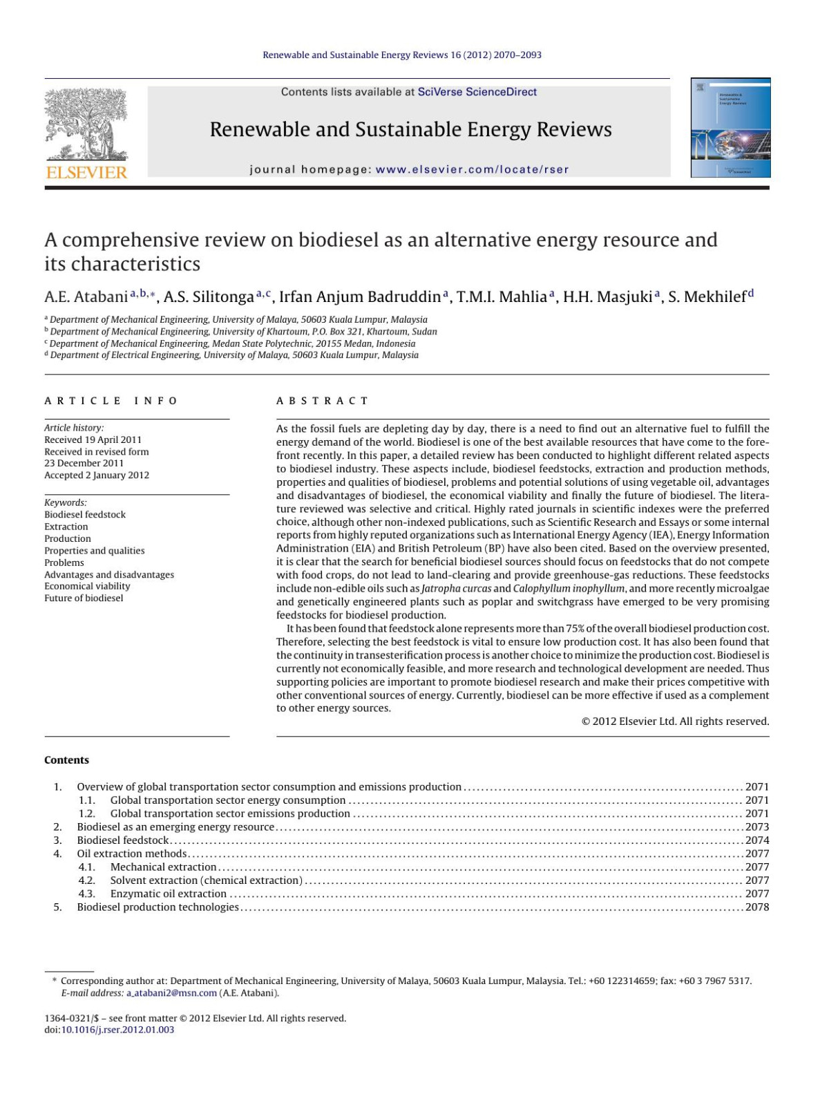 A Comprehensive Review On Biodiesel As An Alternative Energy Resource And Its Characteristics Ae Atabani As Silitonga Irfan Anjum Badruddin Tmi Mahlia Hh Masjuki S Mekhilef