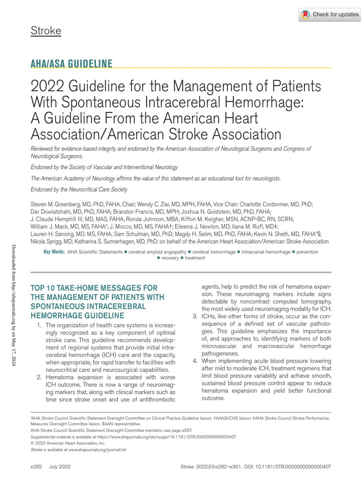 2022 Guideline For The Management Of Patients With Spontaneous Intracerebral Hemorrhage A Guideline From The American Heart Associationamerican Stroke Association American Heart Associationamerican Stroke Association
