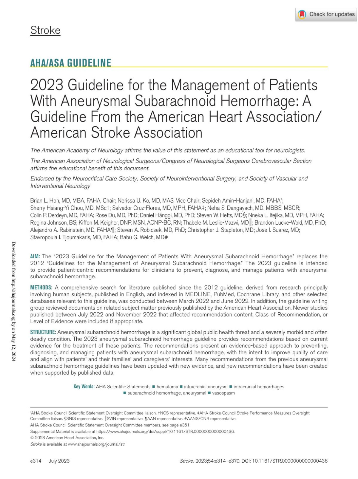2023 Guideline For The Management Of Patients With Aneurysmal Subarachnoid Hemorrhage A Guideline From The American Heart Associationamerican Stroke Association The American Academy Of Neurology