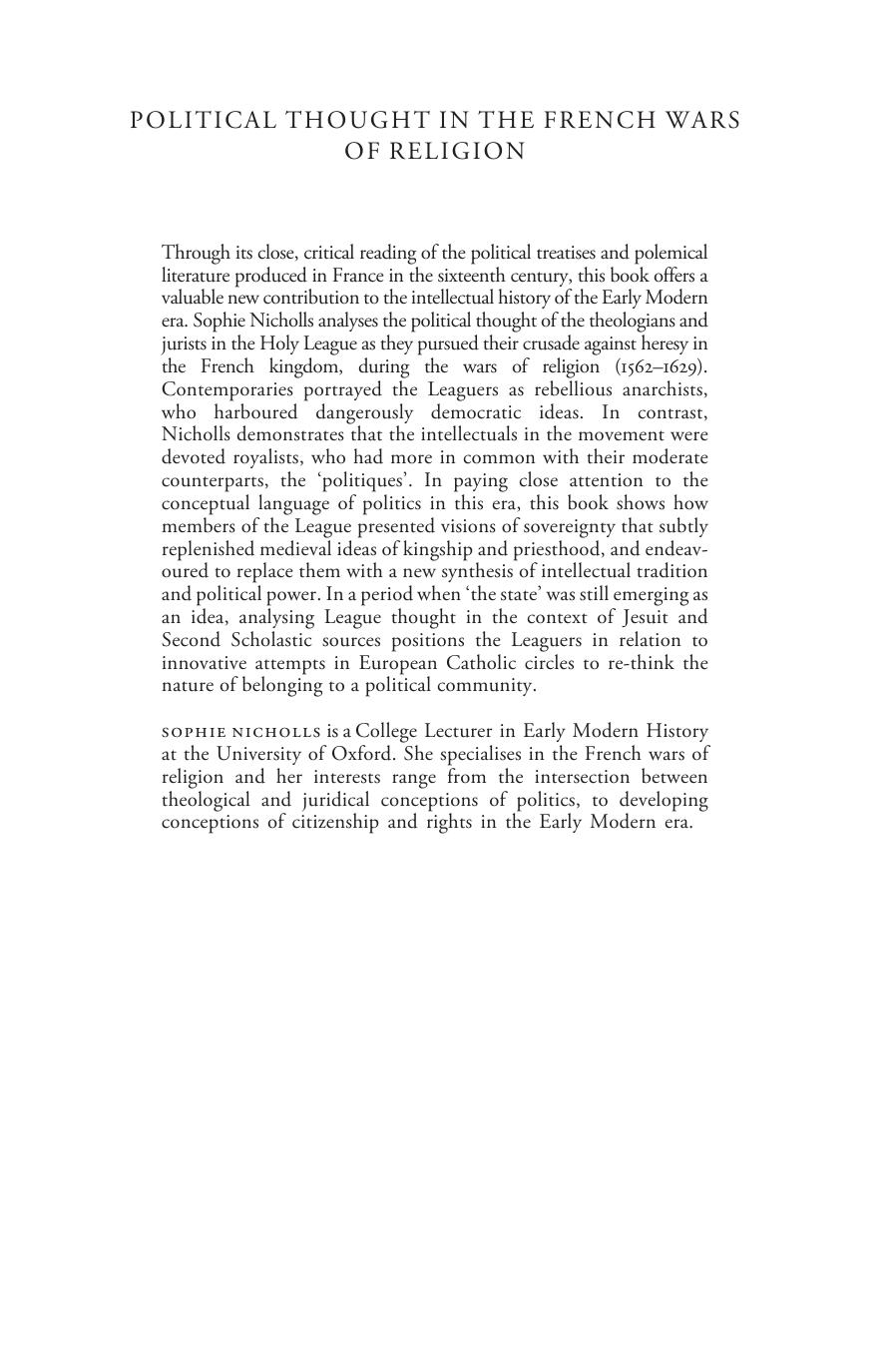 Political Thought In The French Wars Of Religion Sophie Nicholls