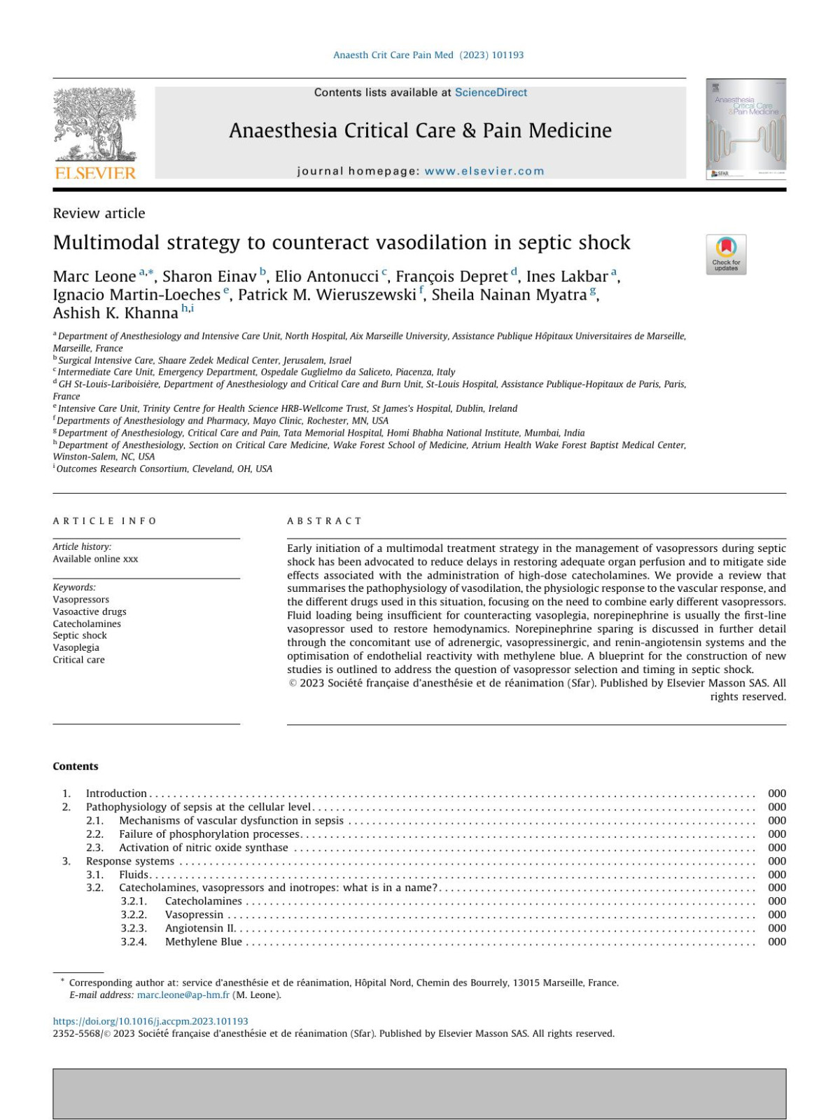 Multimodal Strategy To Counteract Vasodilation In Septic Shock Marc Leone Sharon Einav Elio Antonucci Franois Depret Ines Lakbar Ignacio Martinloeches Patrick M Wieruszewski Sheila Nainan Myatra Ashish K Khanna