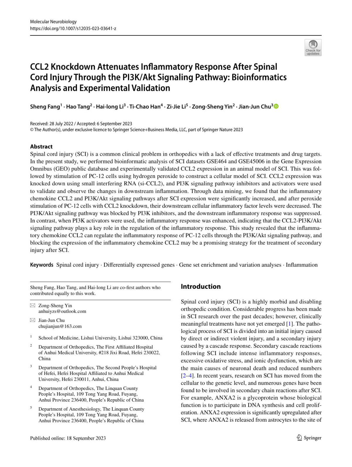 Ccl2 Knockdown Attenuates Inflammatory Response After Spinal Cord Injury Through The Pi3kakt Signaling Pathway Bioinformatics Analysis And Experimental Validation Sheng Fang Hao Tang Hailong Li Tichao Han Zijie Li Zongsheng Yin Jianjun Chu