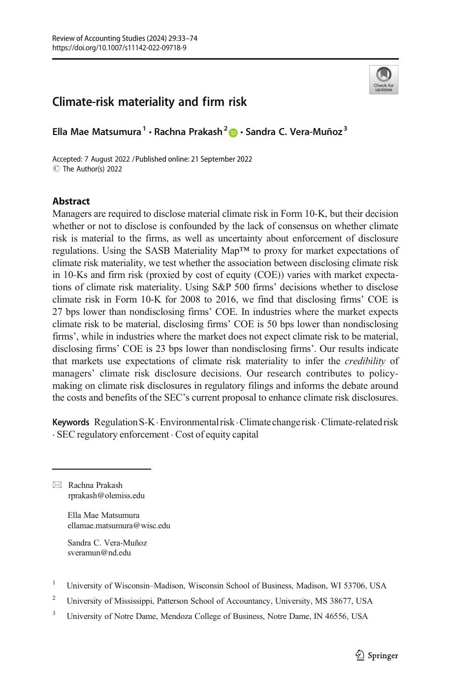 Climaterisk Materiality And Firm Risk Ella Mae Matsumura Rachna Prakash Sandra C Veramuoz