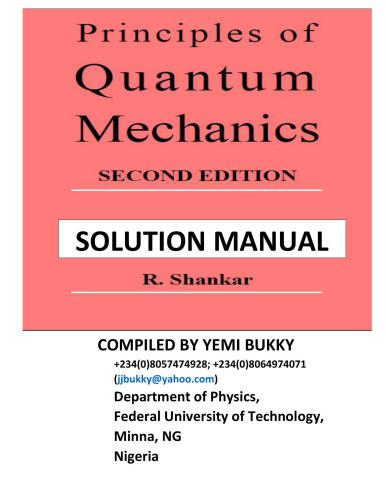 Solutions Manual For Principles Of Quantum Mechanics 2nd Edition R Shankar