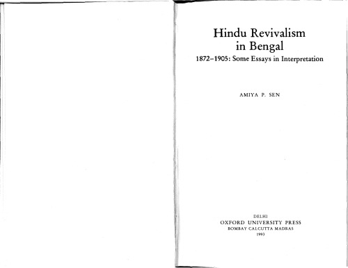 Hindu Revivalism In Bengal 18721905 Some Essays In Interpretation Sen
