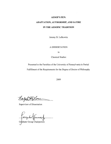 Aesops Pen Adaptation Authorship And Satire In The Aesopic Tradition Thesis Jeremy B Lefkowitz