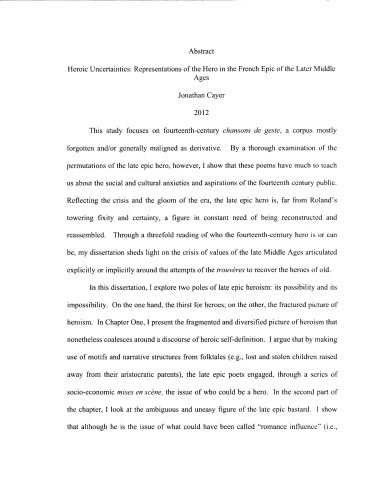 Heroic Uncertainties Representations Of The Hero In The French Epic Of The Later Middle Ages Thesis Jonathan Cayer