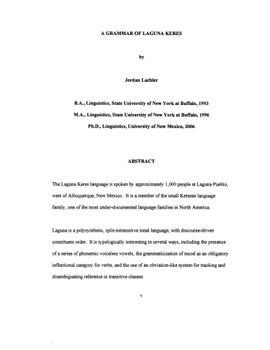 A Grammar Of Laguna Keres Phd Thesis Lachler Jordan