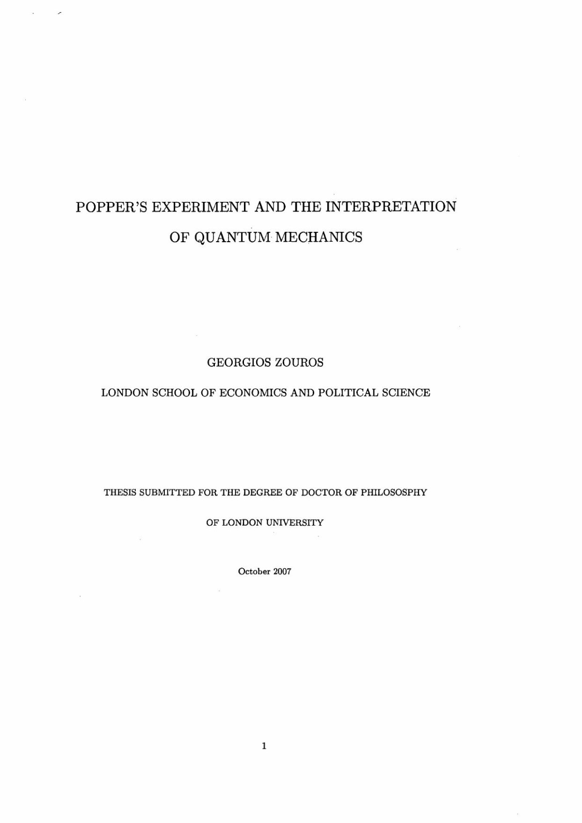 Poppers Experiment And The Interpretation Of Quantum Mechanics Georgios Zouros