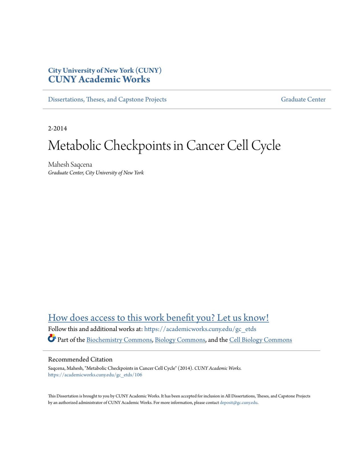 Metabolic Checkpoints In Cancer Cell Cycle Mahesh Saqcena