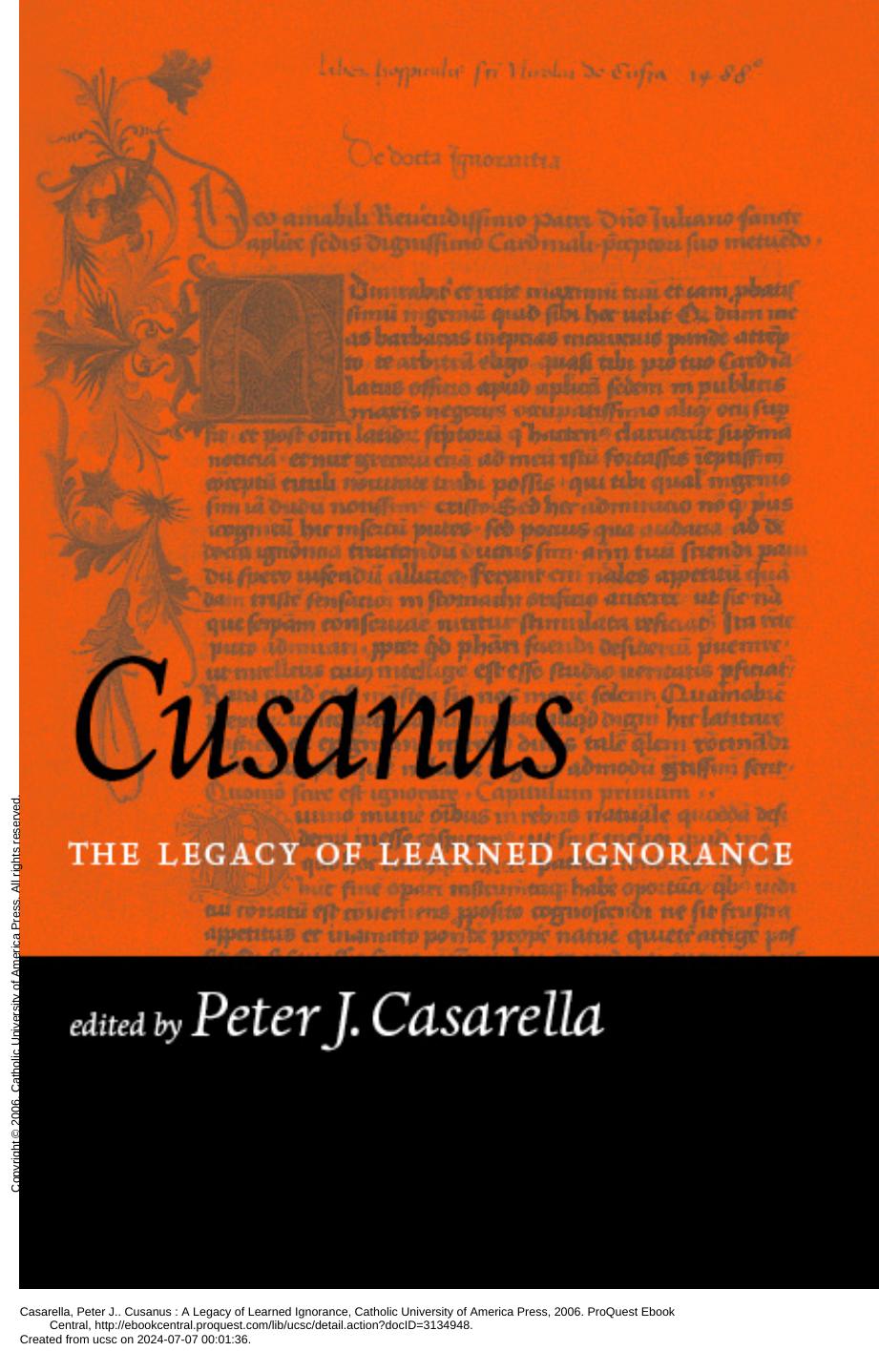 Cusanus The Legacy Of Learned Ignorance Peter J Casarella