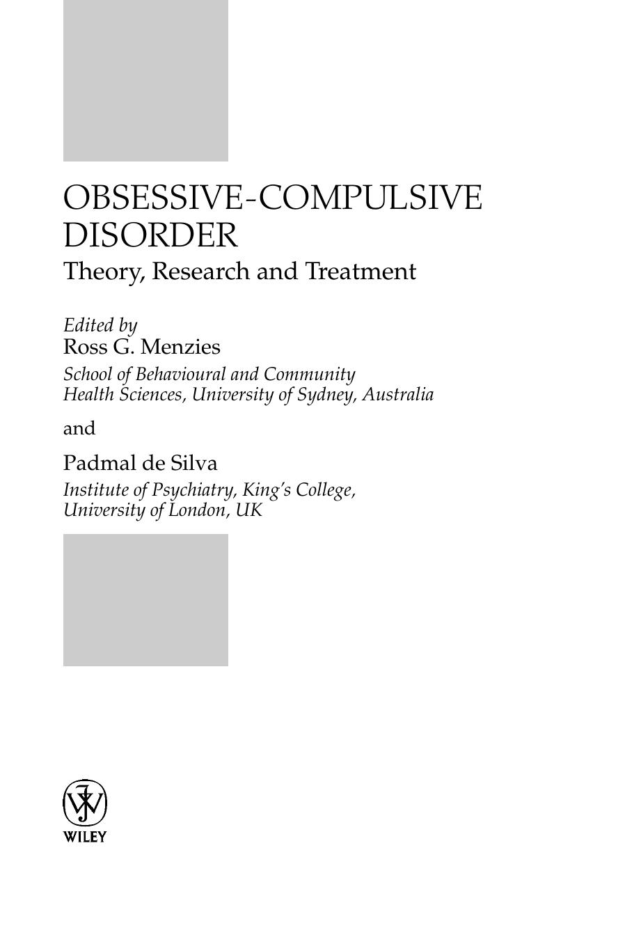 Obsessivecompulsive Disorder Theory Research And Treatment 1st Edition Ross G Menzies