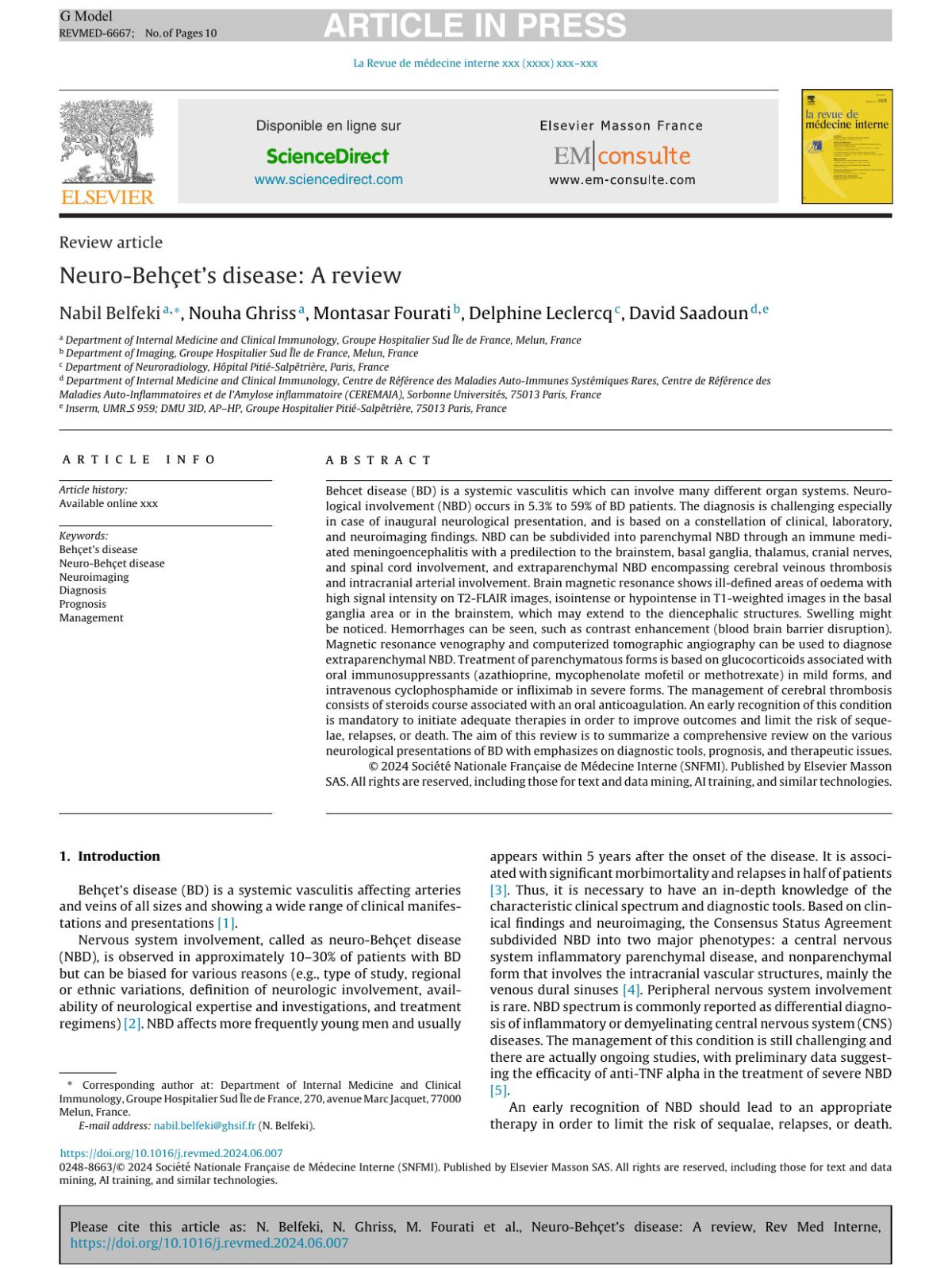 Neurobehets Disease A Review Nabil Belfeki Nouha Ghriss Montasar Fourati Delphine Leclercq David Saadoun
