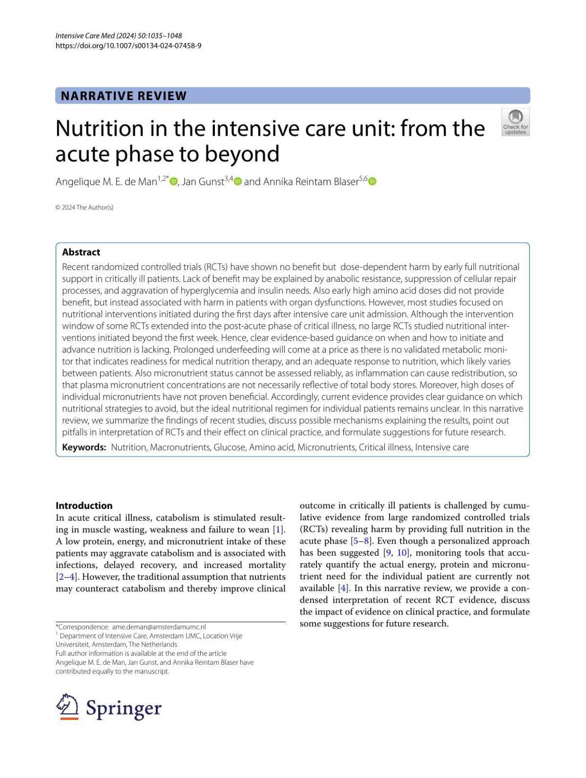 Nutrition In The Intensive Care Unit From The Acute Phase To Beyond Angelique M E De Man Jan Gunst Annika Reintam Blaser