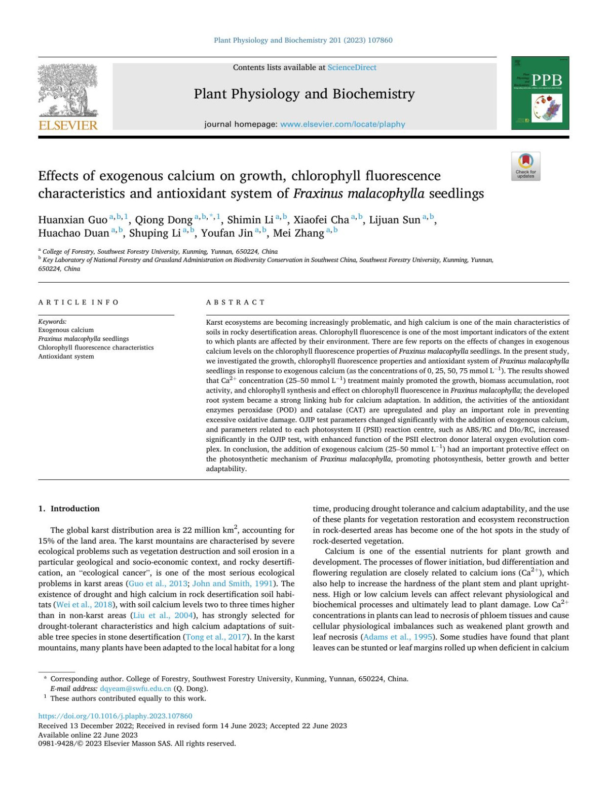 Effects Of Exogenous Calcium On Growth Chlorophyll Fluorescence Characteristics And Antioxidant System Of Fraxinus Malacophylla Seedlings Huanxian Guo