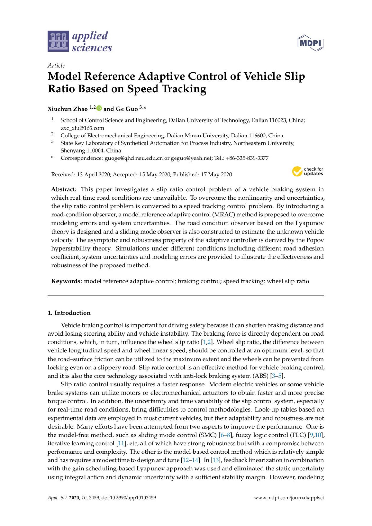 Model Reference Adaptive Control Of Vehicle Slip Ratio Based On Speed Tracking Xiuchun Zhao Ge Guo