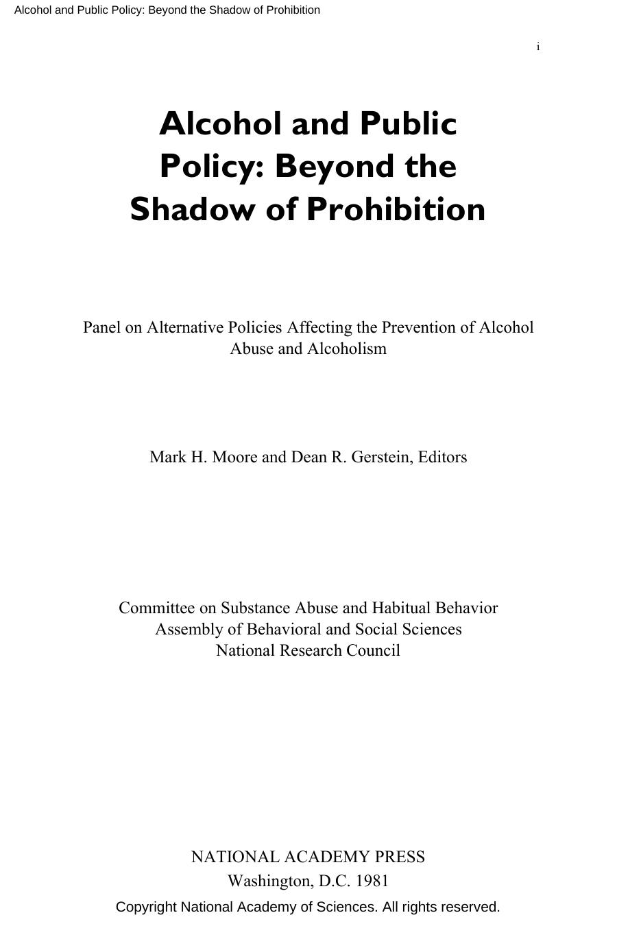 Alcohol And Public Policy Beyond The Shadow Of Prohibition Panel On Alternative Policies Affecting The Prevention Of Alcohol Abuse Alcoholism