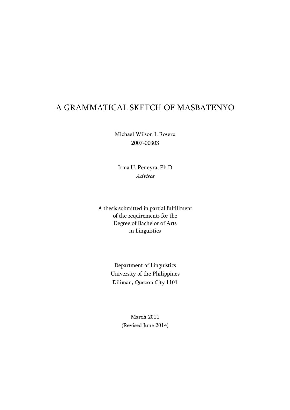 A Grammatical Sketch Of Masbatenyo Michael Wilson I Rosero
