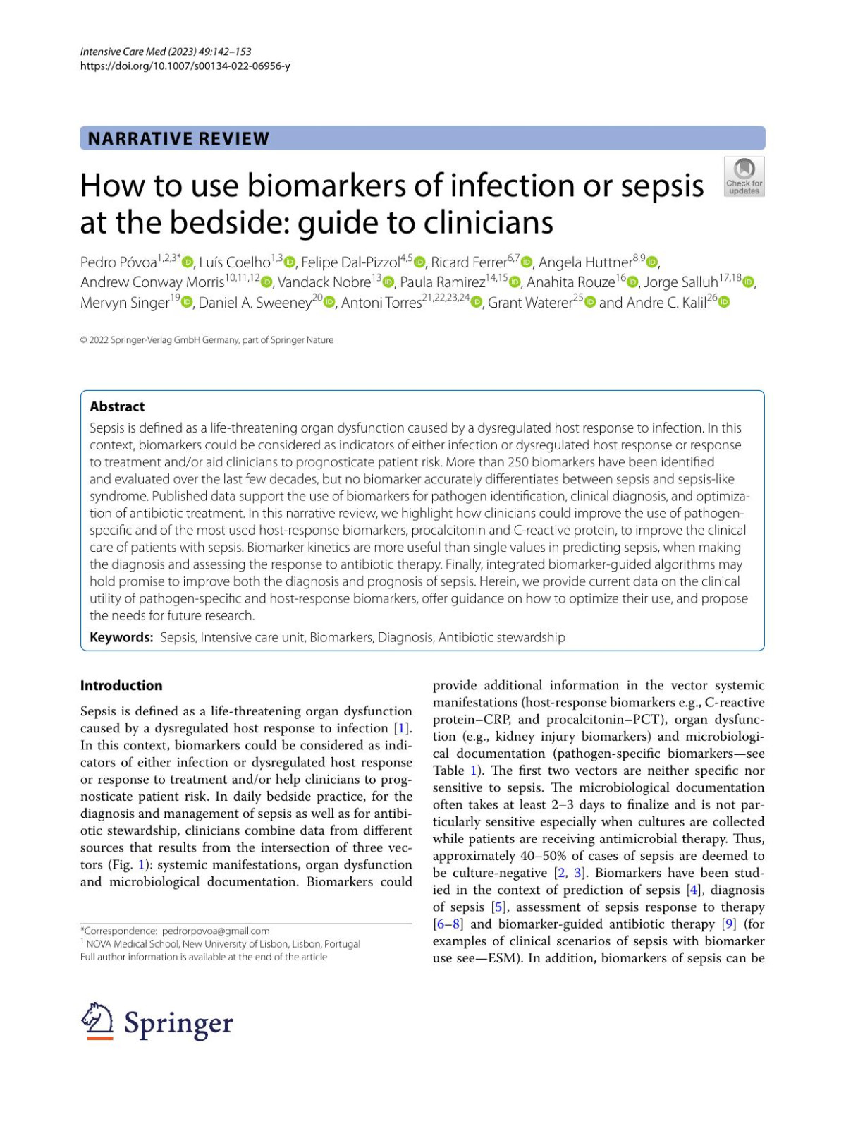 How To Use Biomarkers Of Infection Or Sepsis At The Bedside Guide To Clinicians Pedro Pvoa Lus Coelho Felipe Dalpizzol Ricard Ferrer Angela Huttner Andrew Conway Morris Vandack Nobre Paula Ramirez Anahita Rouze Jorge Salluh Mervyn Singer Daniel A Sweeney Antoni Torres Grant Waterer Andre C Kalil