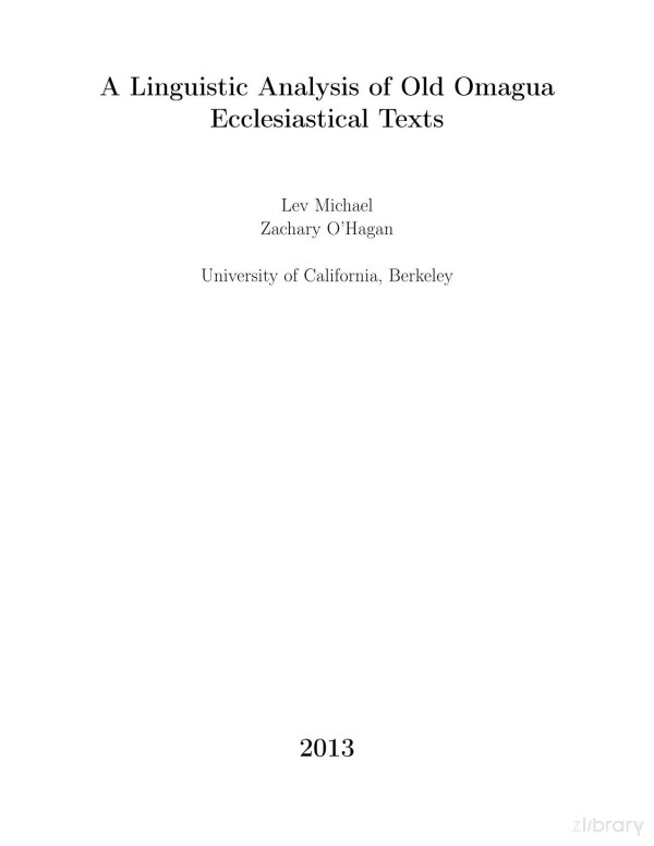 A Linguistic Analysis Of Old Omagua Ecclesiastical Texts Michael Ohagan