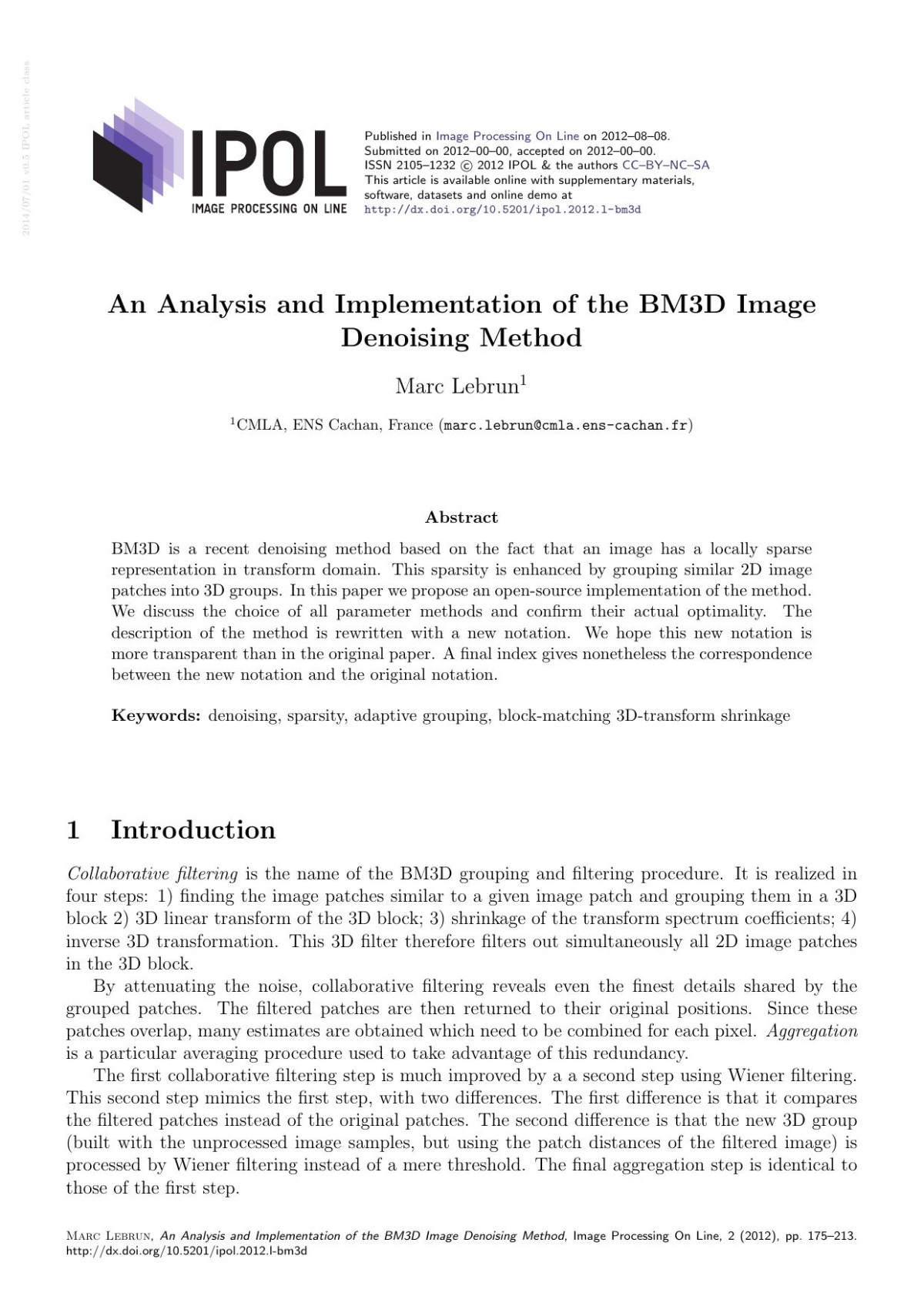 An Analysis And Implementation Of The Bm3d Image Denoising Method Marc Lebrun