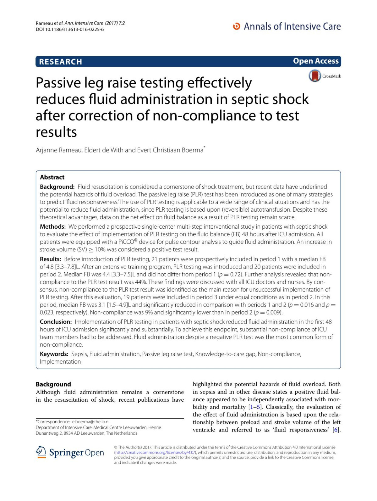 Passive Leg Raise Testing Effectively Reduces Fluid Administration In Septic Shock After Correction Of Noncompliance To Test Results Arjanne Rameau Eldert With Evert Christiaan Boerma