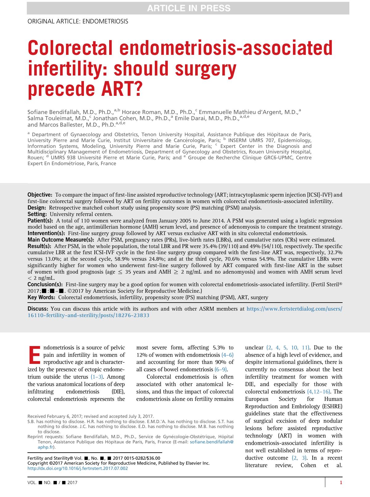 Colorectal Endometriosisassociated Infertility Should Surgery Precede Art Sofiane Bendifallah Md Phd Horace Roman Md Phd Emmanuelle Mathieu Dargent Md Salma Touleimat Md Jonathan Cohen Md Phd Emile Darai Md Phd Marcos Ballester Md Phd