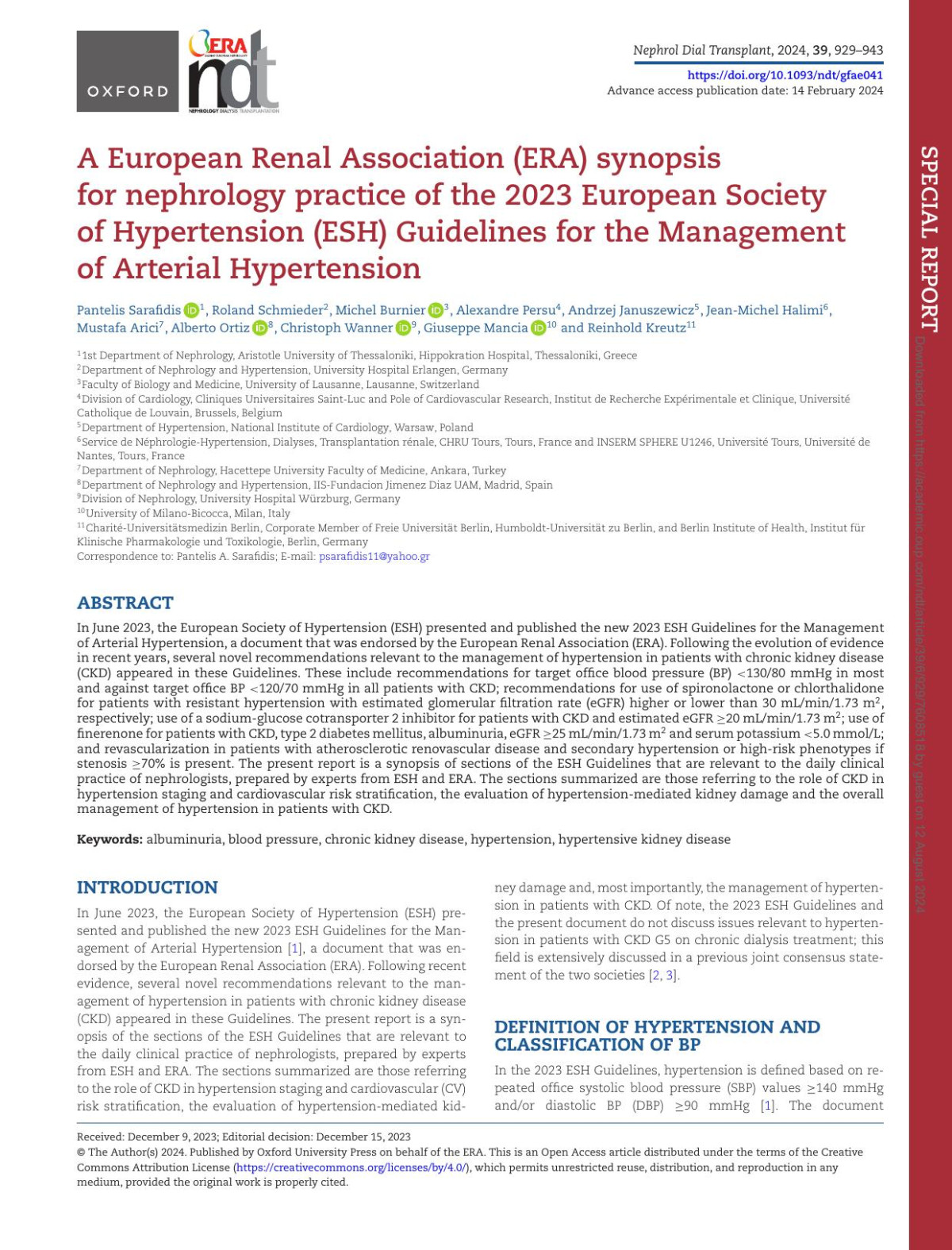 A European Renal Association Era Synopsis For Nephrology Practice Of The 2023 European Society Of Hypertension Esh Guidelines For The Management Of Arterial Hypertension Sarafidis Pantelis