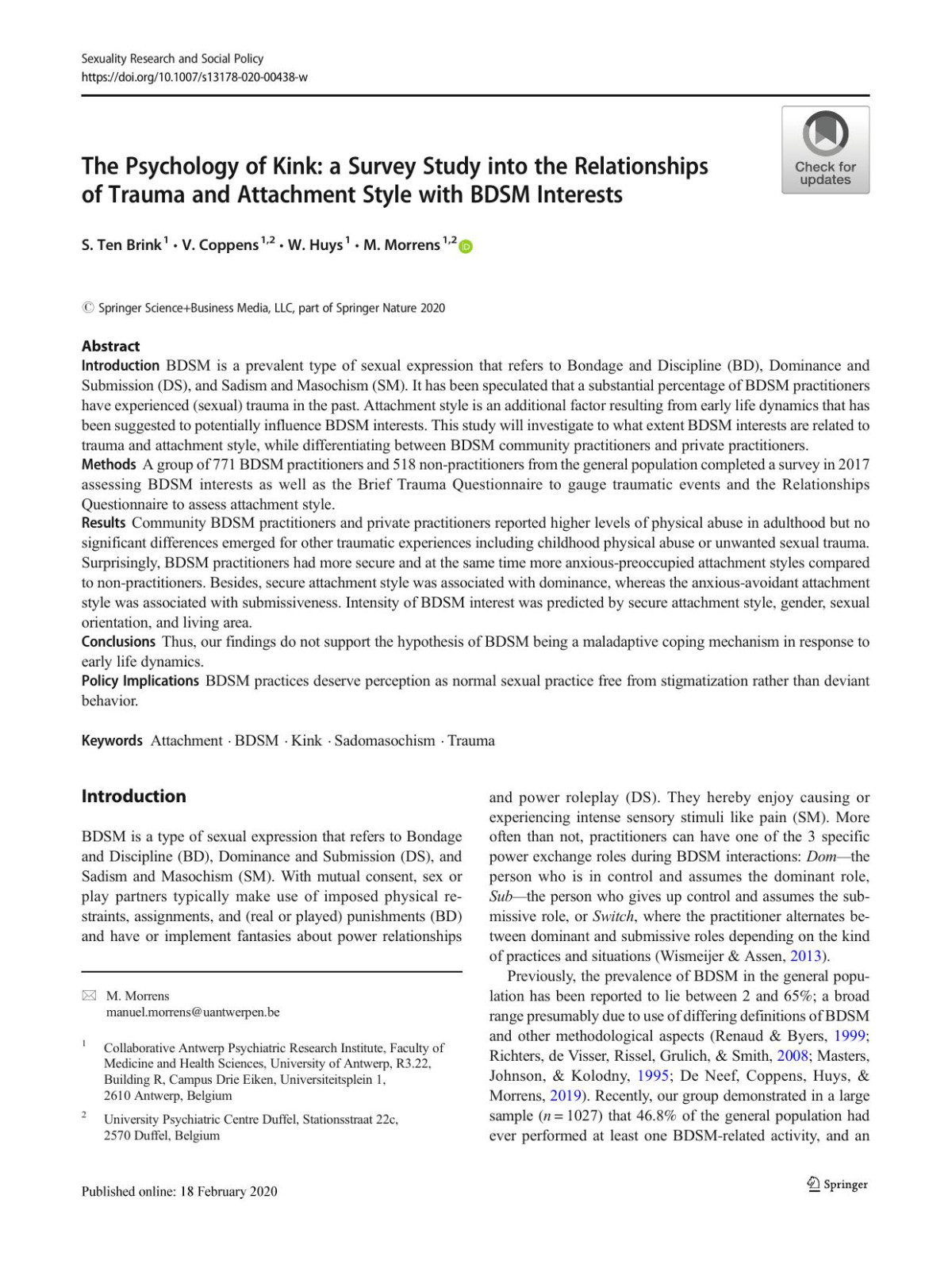 The Psychology Of Kink A Survey Study Into The Relationships Of Trauma And Attachment Style With Bdsm Interests S Brink V Coppens W Huys M Morrens