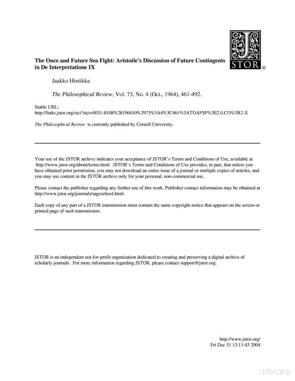 Once And Future Sea Fight Aristotles Discussion Of Future Contingents In De Interpretatione Ix Jaakko Hintikka