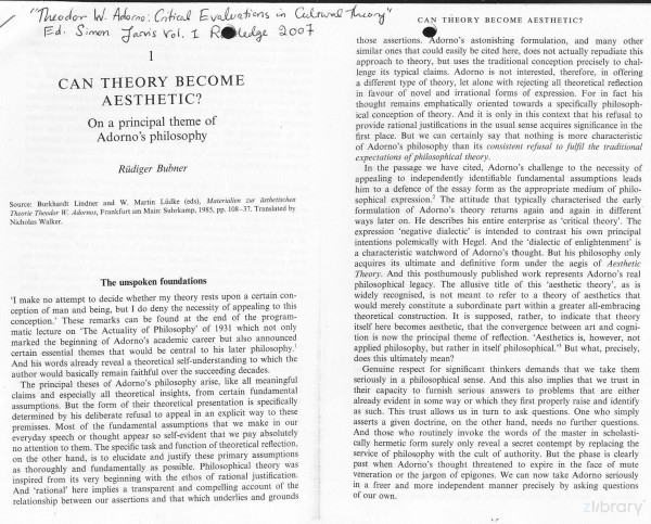 Can Theory Become Aesthetic On A Principal Theme Of Adornos Philosophy Rdiger Bubner