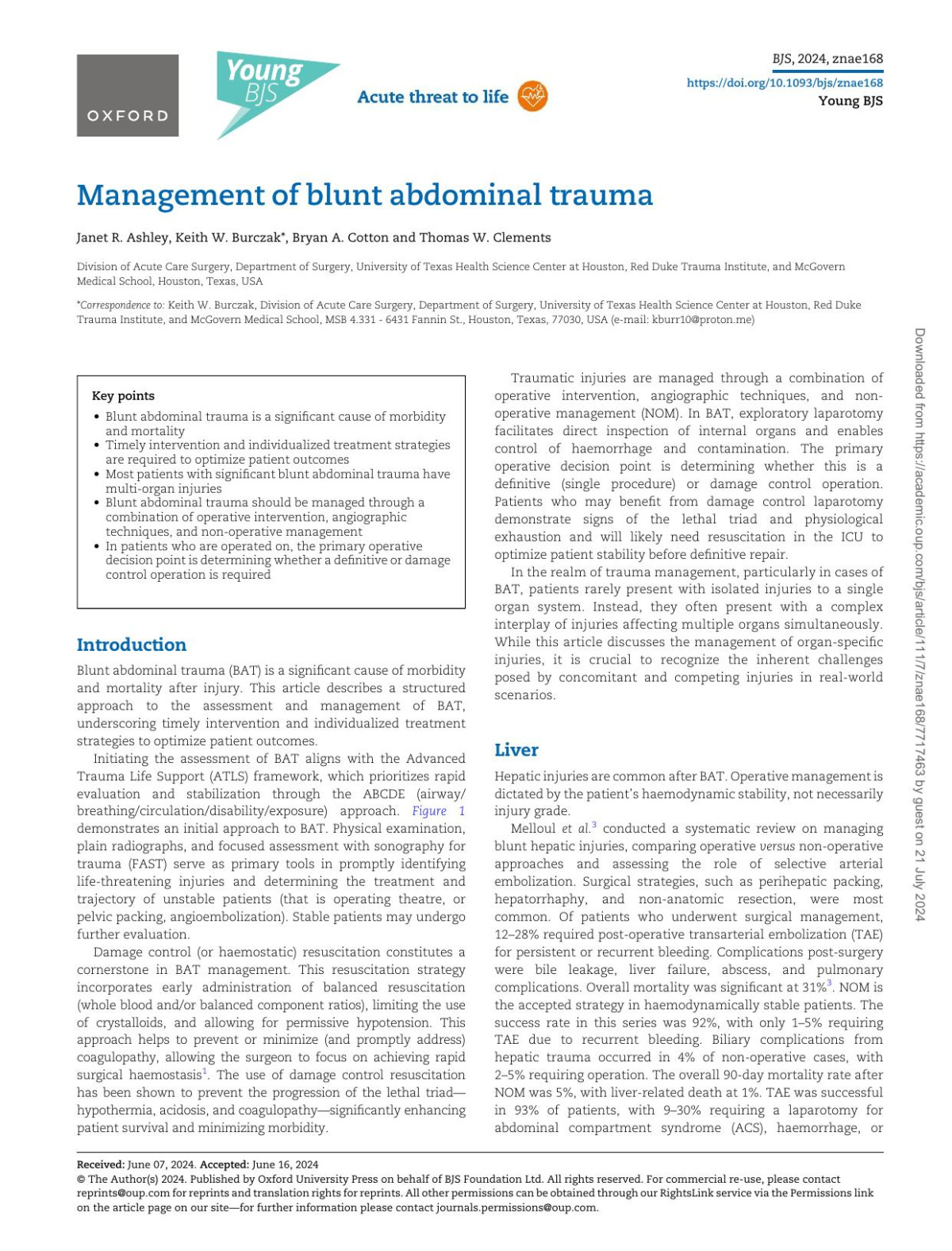 Management Of Blunt Abdominal Trauma Janet R Ashley Keith W Burczak Bryan A Cotton Thomas W Clements