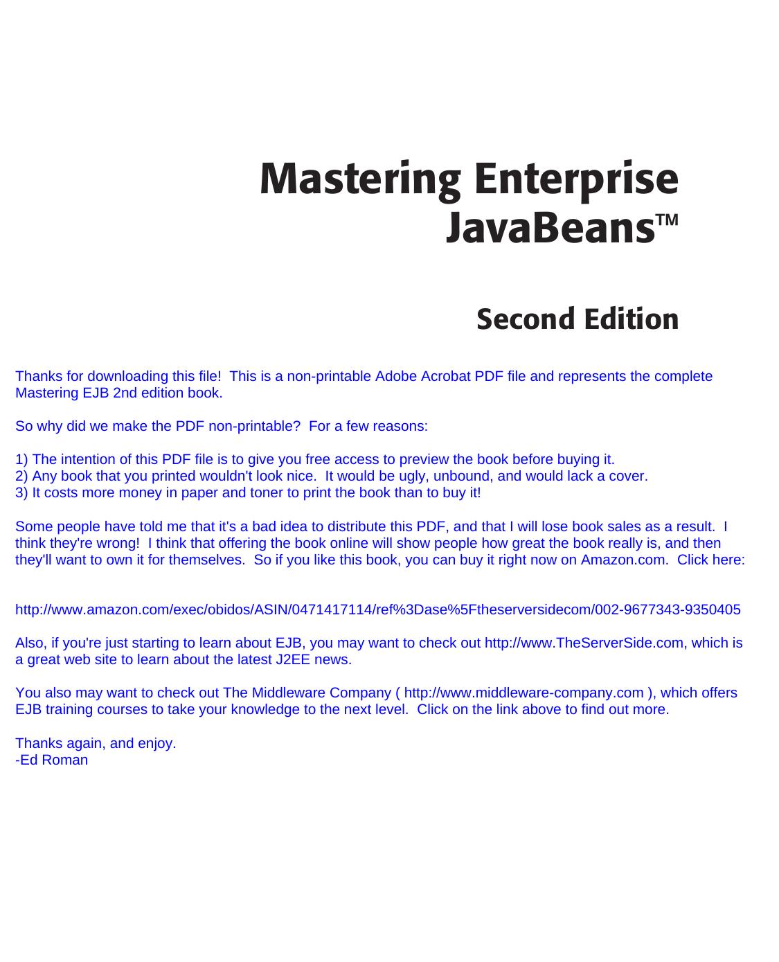 Mastering Enterprise Javabeans 2nd Edition Ed Roman Scott Ambler