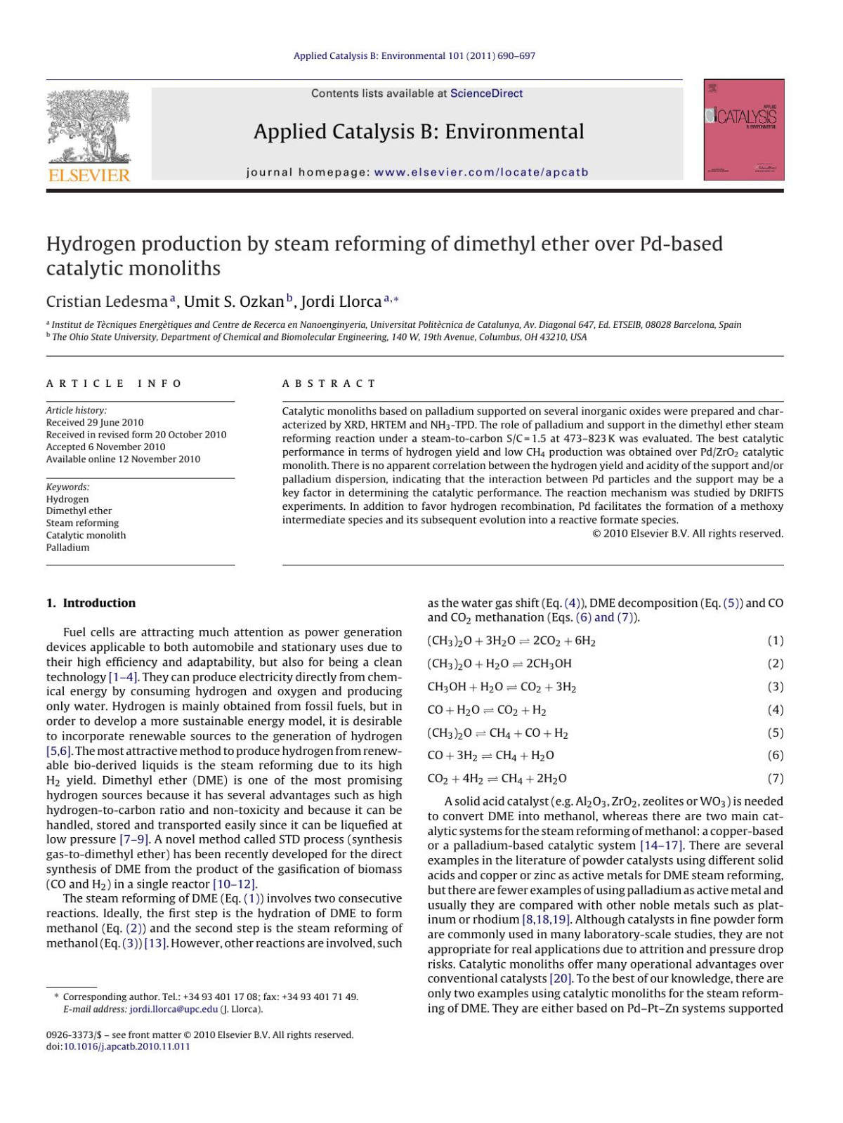 Hydrogen Production By Steam Reforming Of Dimethyl Ether Over Pdbased Catalytic Monoliths Cristian Ledesma