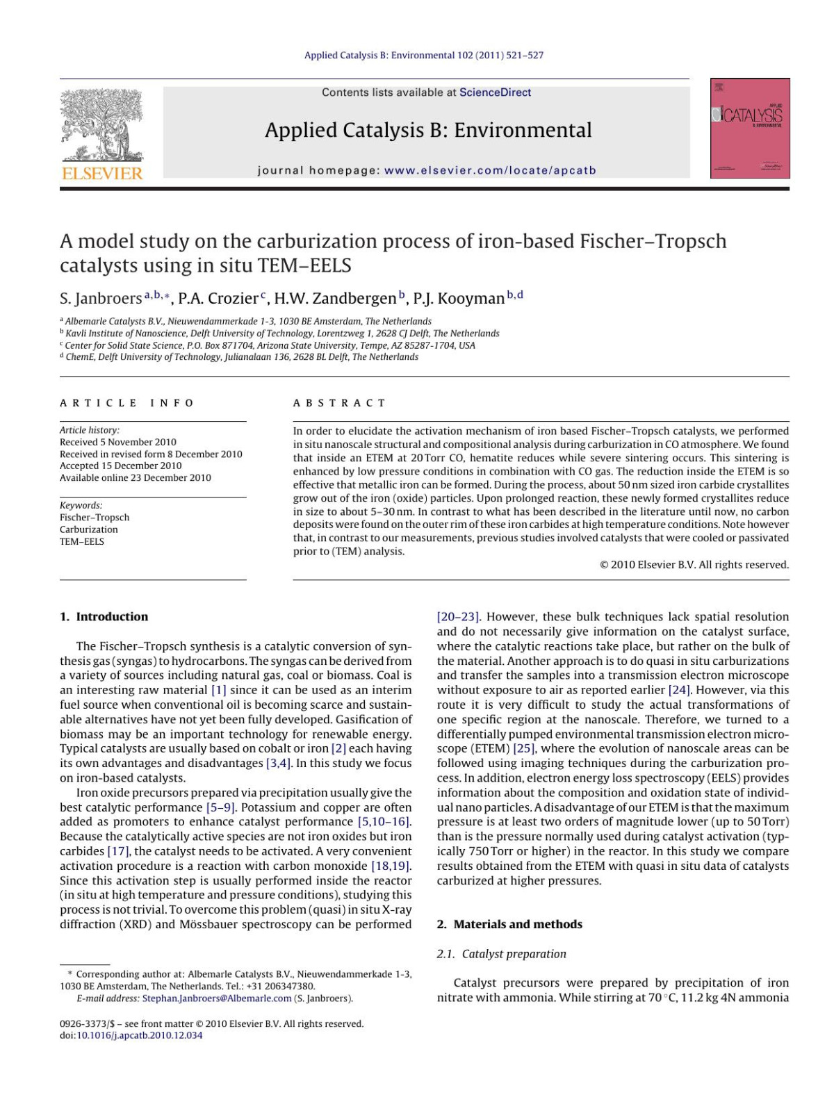 A Model Study On The Carburization Process Of Ironbased Fischertropsch Catalysts Using In Situ Temeels S Janbroers