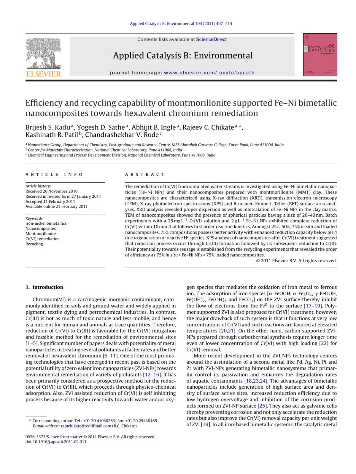 Efficiency And Recycling Capability Of Montmorillonite Supported Feni Bimetallic Nanocomposites Towards Hexavalent Chromium Remediation Brijesh S Kadu