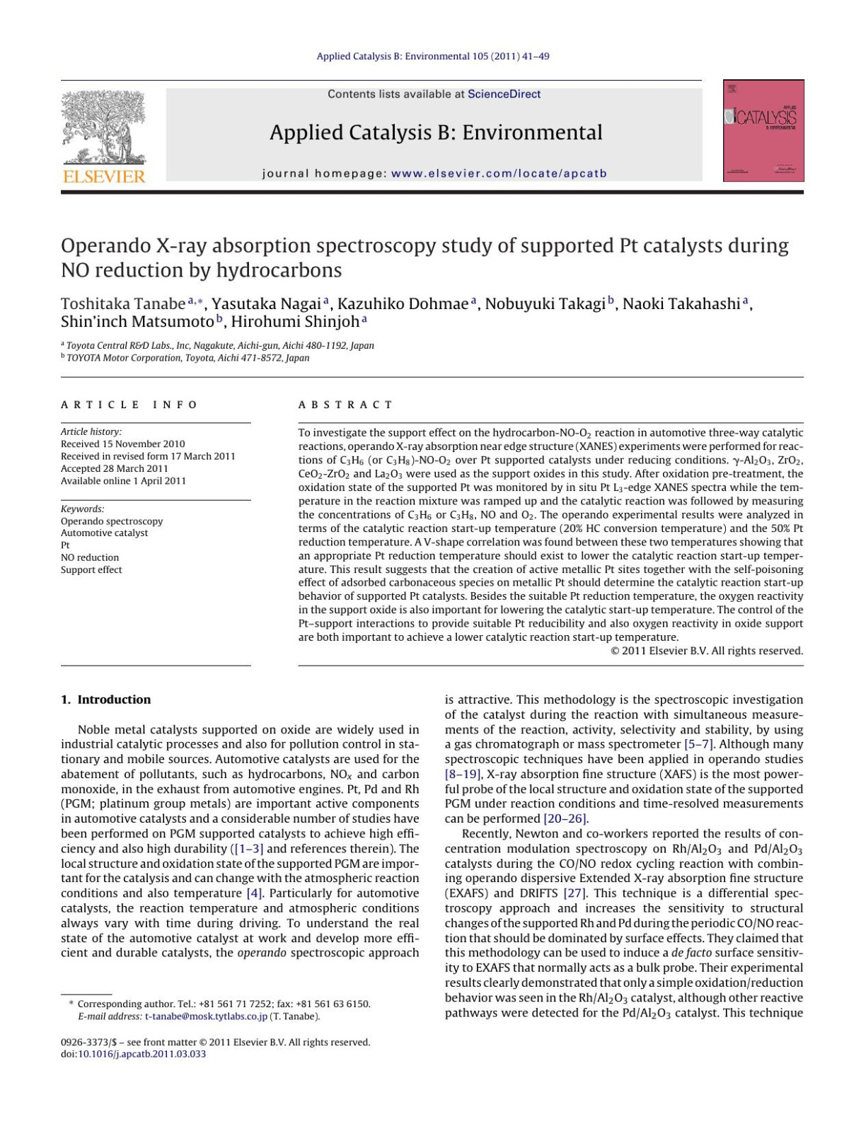 Operando Xray Absorption Spectroscopy Study Of Supported Pt Catalysts During No Reduction By Hydrocarbons Toshitaka Tanabe