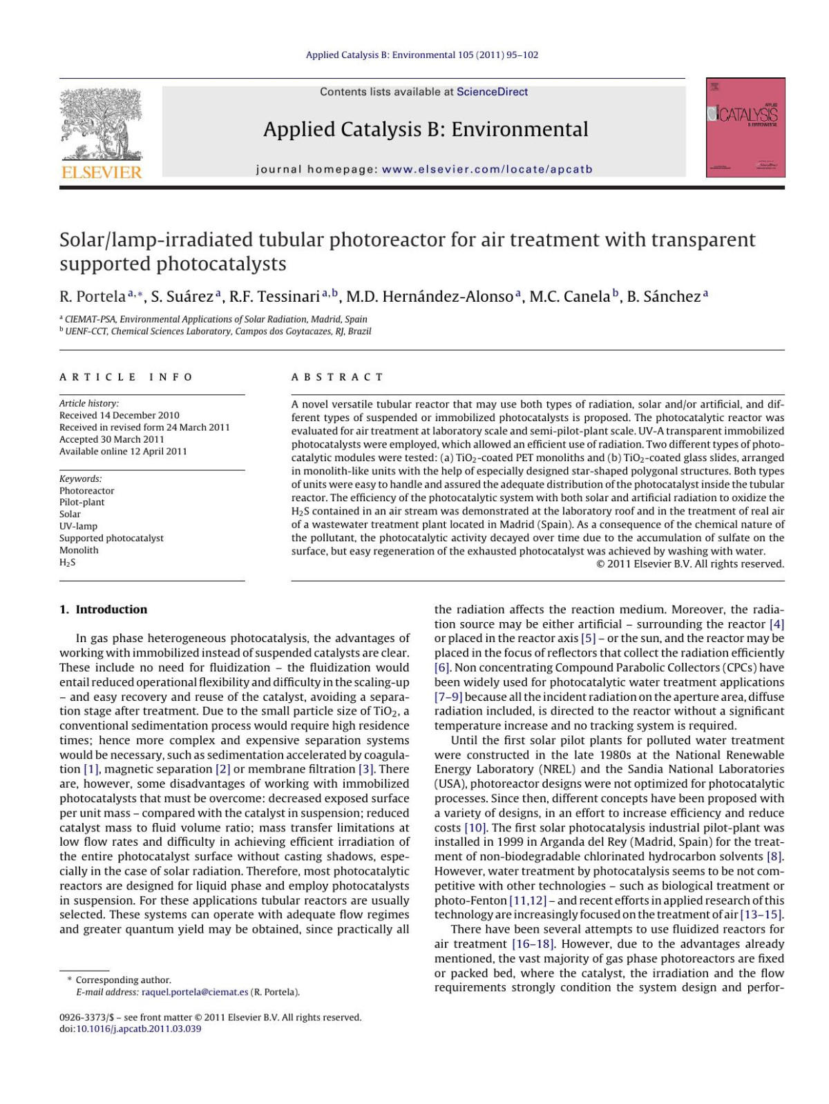 Solarlampirradiated Tubular Photoreactor For Air Treatment With Transparent Supported Photocatalysts R Portela