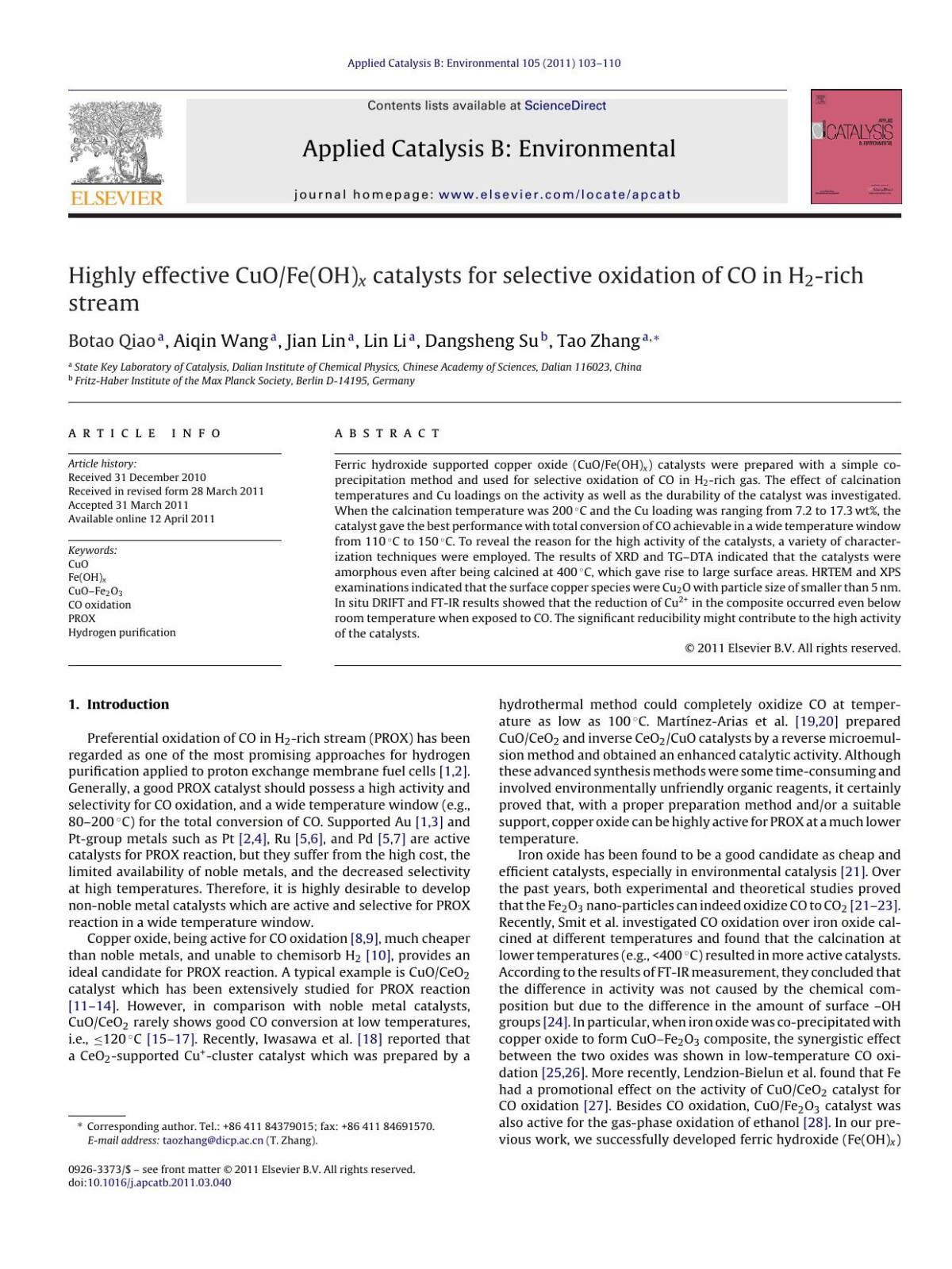 Highly Effective Cuofeohx Catalysts For Selective Oxidation Of Co In H2rich Stream Botao Qiao