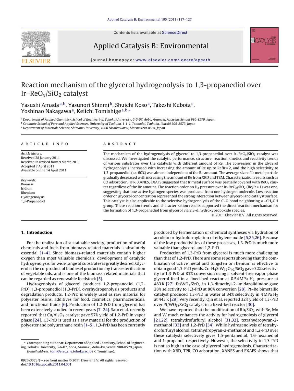 Reaction Mechanism Of The Glycerol Hydrogenolysis To 13propanediol Over Irreoxsio2 Catalyst Yasushi Amada
