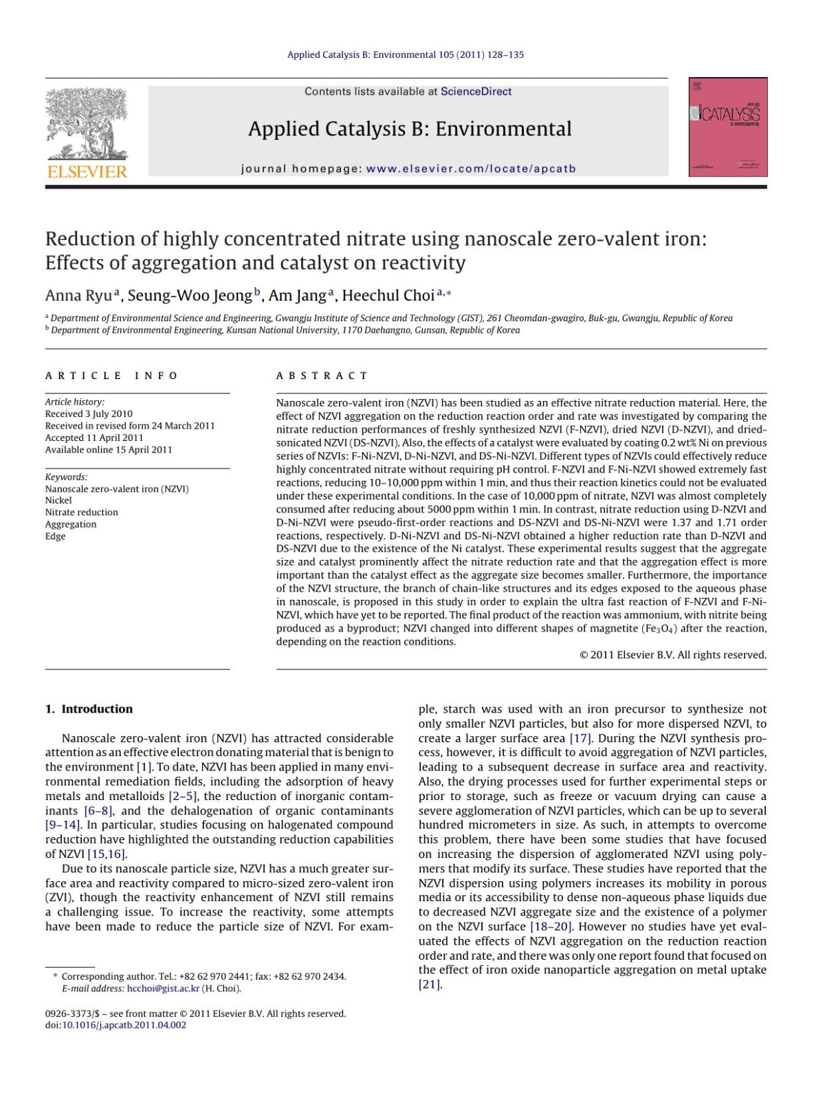 Reduction Of Highly Concentrated Nitrate Using Nanoscale Zerovalent Iron Effects Of Aggregation And Catalyst On Reactivity Anna Ryu